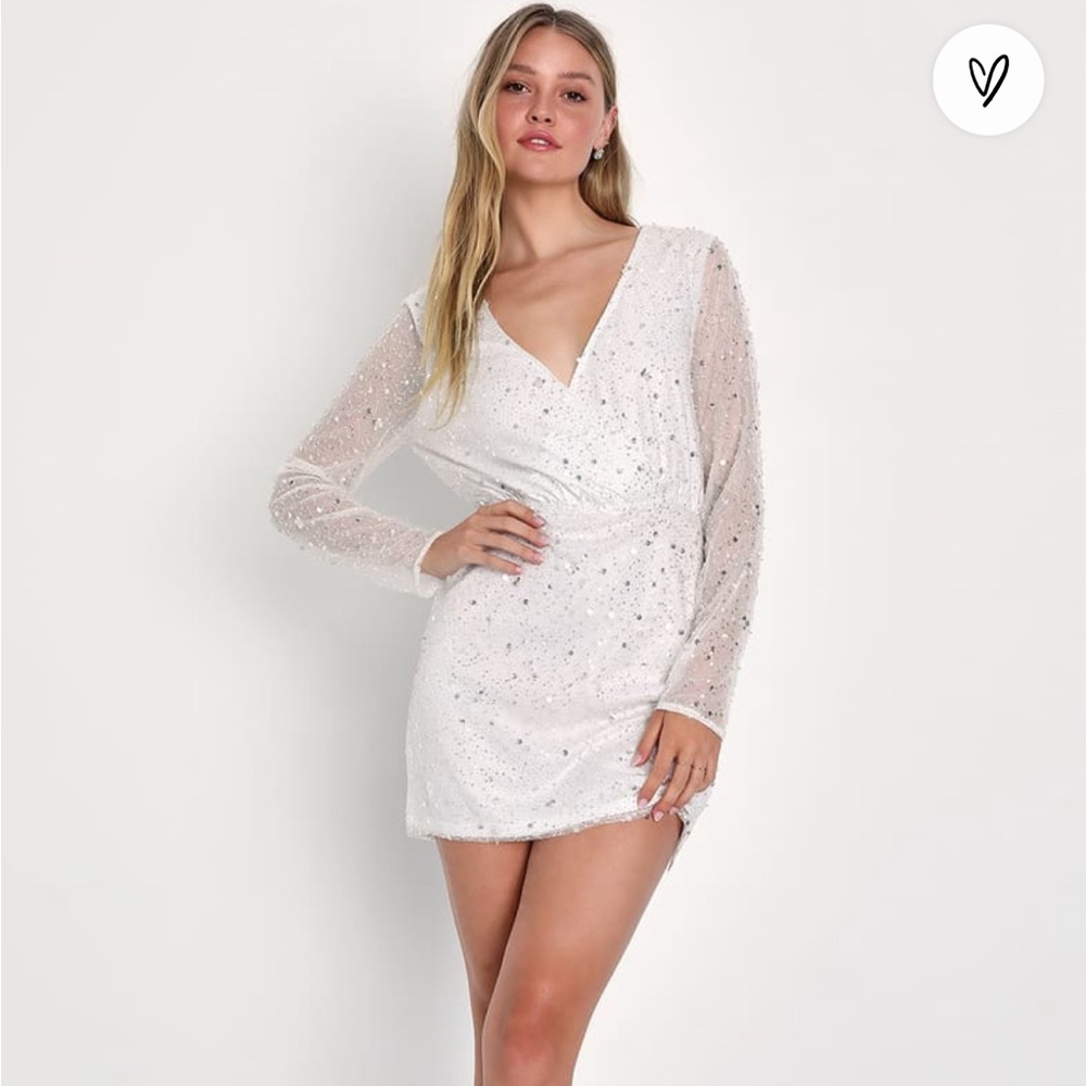 NWT Lulu’s White Sequin Beaded Long Sleeve Mini Dress